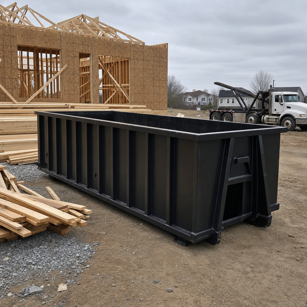 Matte-black 40-yard roll-off dumpster staged on a framed-out residential construction site in Joliet, framing lumber stacked nearby, hooklift delivery truck visible in the background under bright Colorado daylight