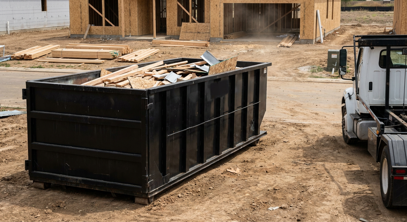 Matte-black 20-yard roll-off construction dumpster with heavy ribbed steel sidewalls and swing rear doors at a working jobsite in Joliet, sitting directly on compacted dirt with an unmarked white hauler partially visible at the far edge of the frame.