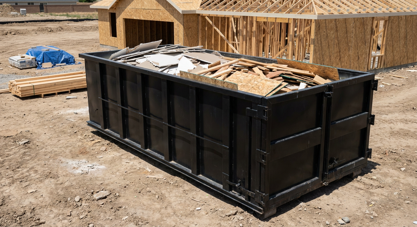 Matte-black 30-yard roll-off construction dumpster sitting directly on the compacted-dirt site of a framed single-family home build in Joliet, drywall and lumber scrap loaded inside.