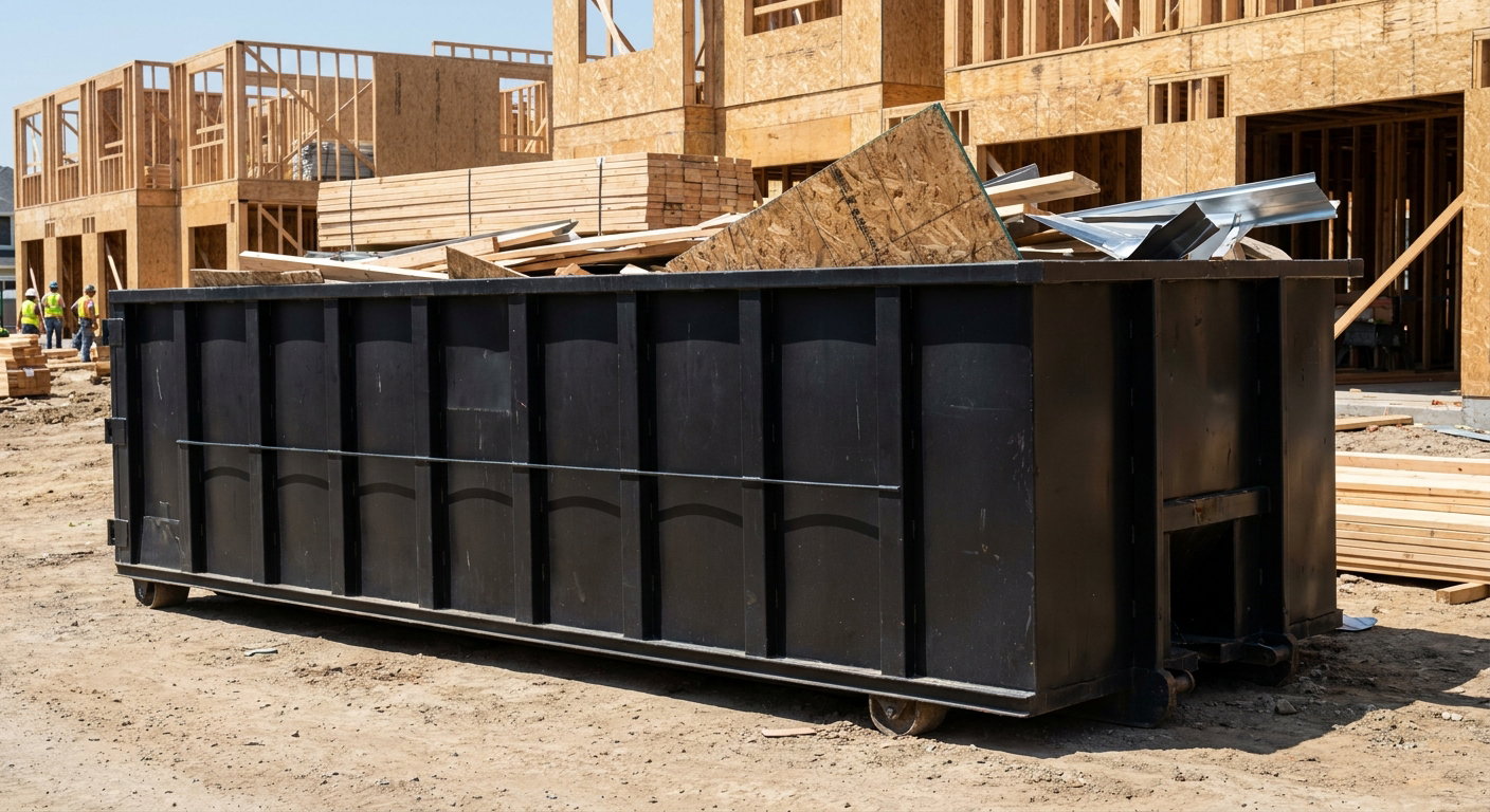 Matte-black 40-yard roll-off construction dumpster being lowered from a white-cab hooklift delivery truck onto the compacted-dirt jobsite at a commercial build site in Joliet