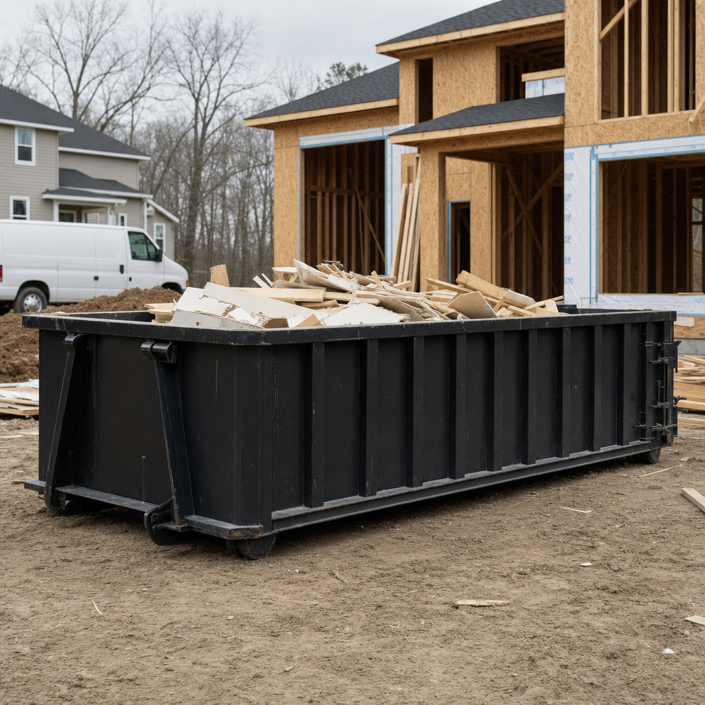 Worker in a yellow high-visibility vest tossing framing lumber and broken drywall into a matte-black 30-yard construction roll-off dumpster on an active build site in Joliet, bright daylight