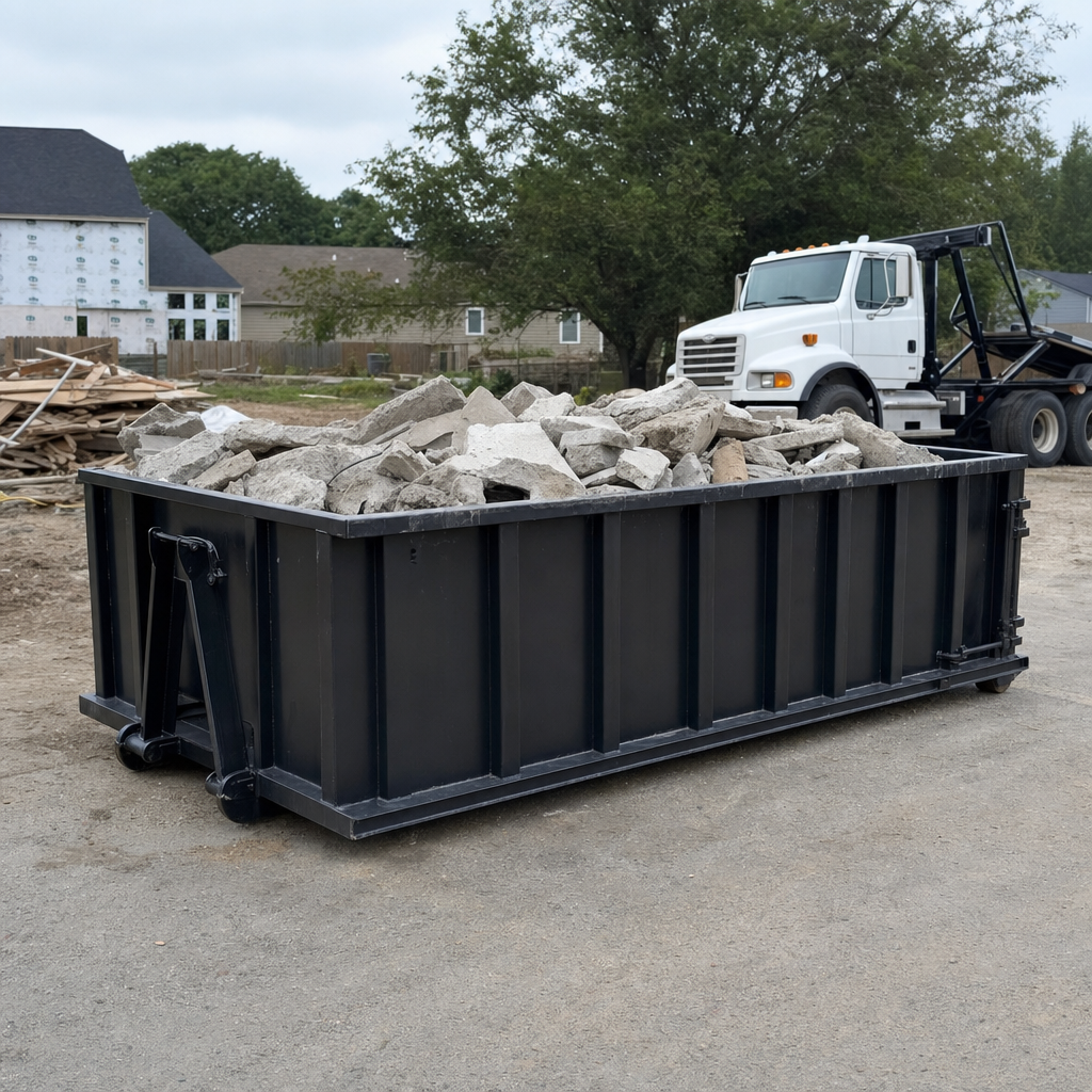 Low-profile matte-black lowboy roll-off dumpster loaded with broken concrete slab and rebar at a foundation tear-out in Joliet, skid steer parked beside it, sunny Colorado morning