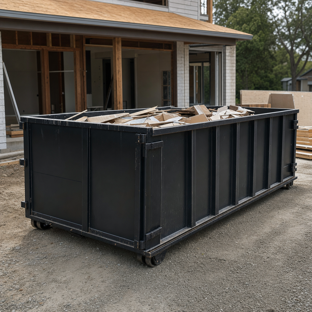 Large matte-black 30-yard construction roll-off dumpster at an active Joliet jobsite, steel-gray top rails and bottom rollers visible, loaded with construction debris.