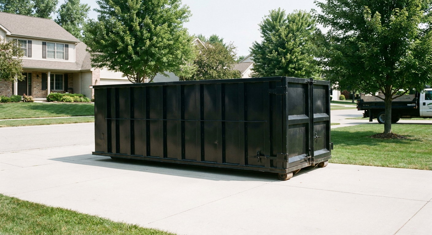 Matte-black 20-yard roll-off dumpster sitting level on a clean Joliet residential concrete driveway under bright daylight, demonstrating clean placement directly on the concrete.