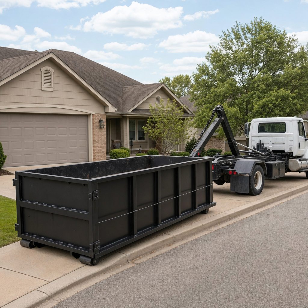 Wide documentary shot of a matte-black roll-off dumpster on a Joliet residential driveway in the foreground and a contractor jobsite container in the soft-focus background, bright daylight, calm and orderly composition.