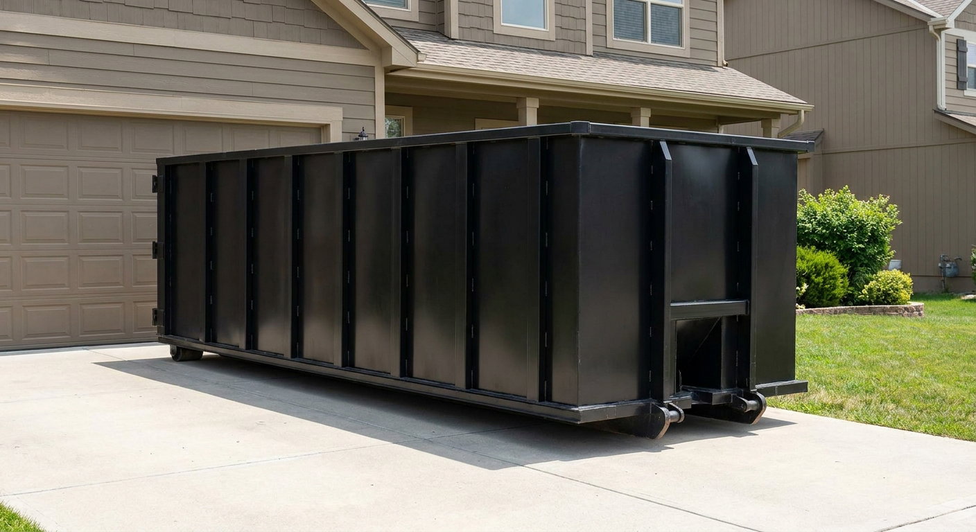 Matte-black residential roll-off dumpster sitting directly on a suburban Joliet concrete driveway, garage door closed, single-family home in background, bright morning daylight.