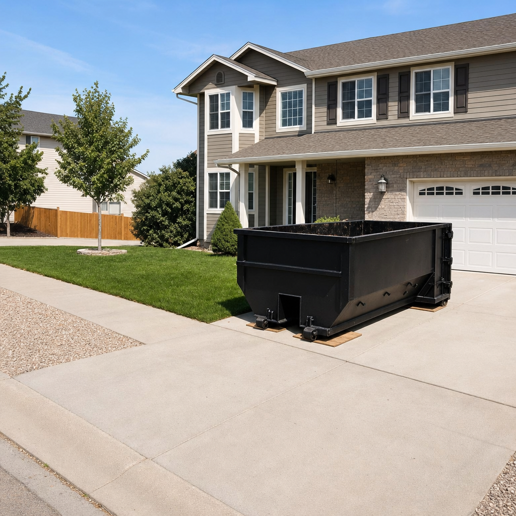10-yard matte-black residential dumpster placed directly on a narrow Joliet concrete driveway, room remains for a parked sedan beside it, mid-morning natural light