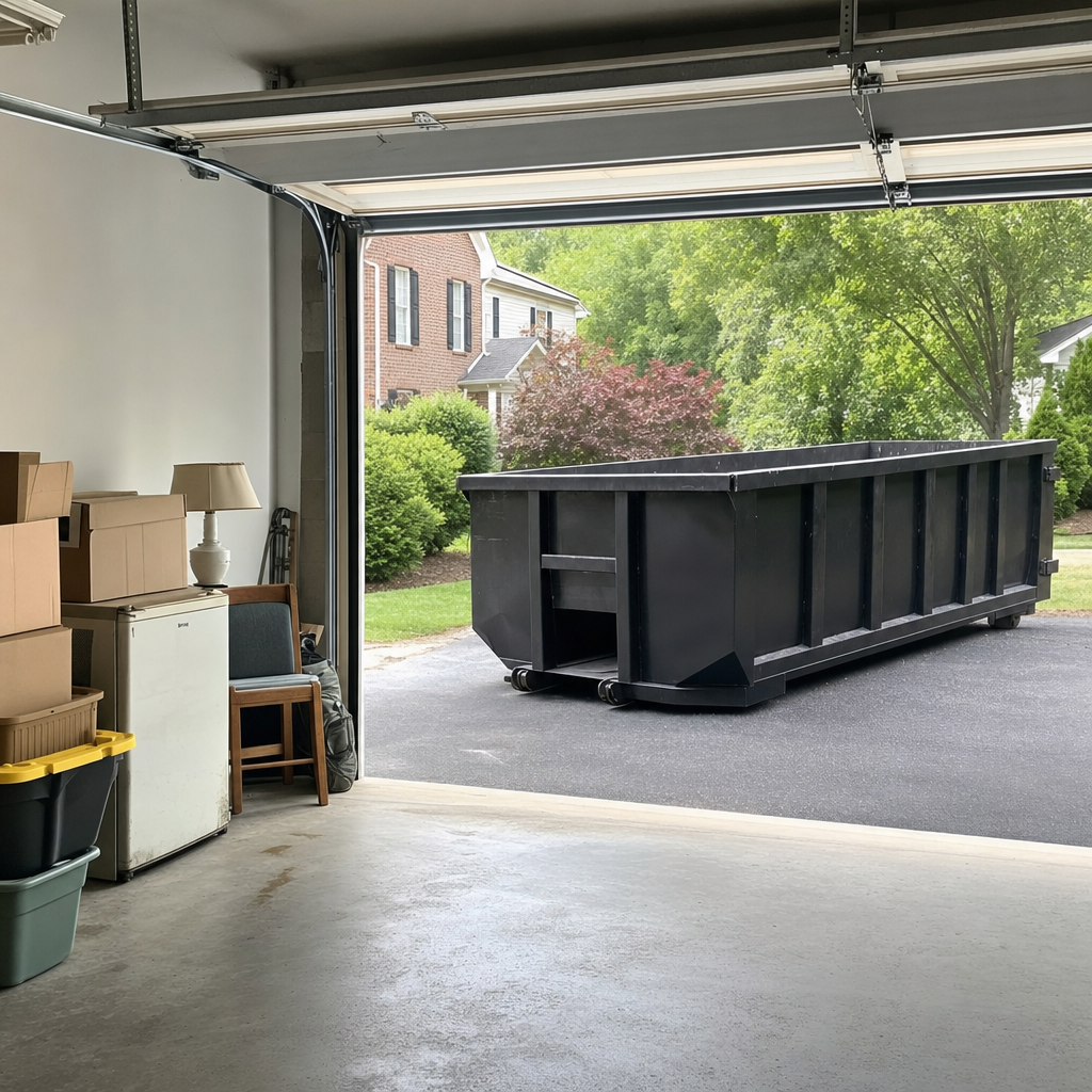 Open garage interior in a Joliet home mid-cleanout — boxed items, an old appliance, and stacked yard tools queued near the driveway for a matte-black roll-off dumpster, organized and calm