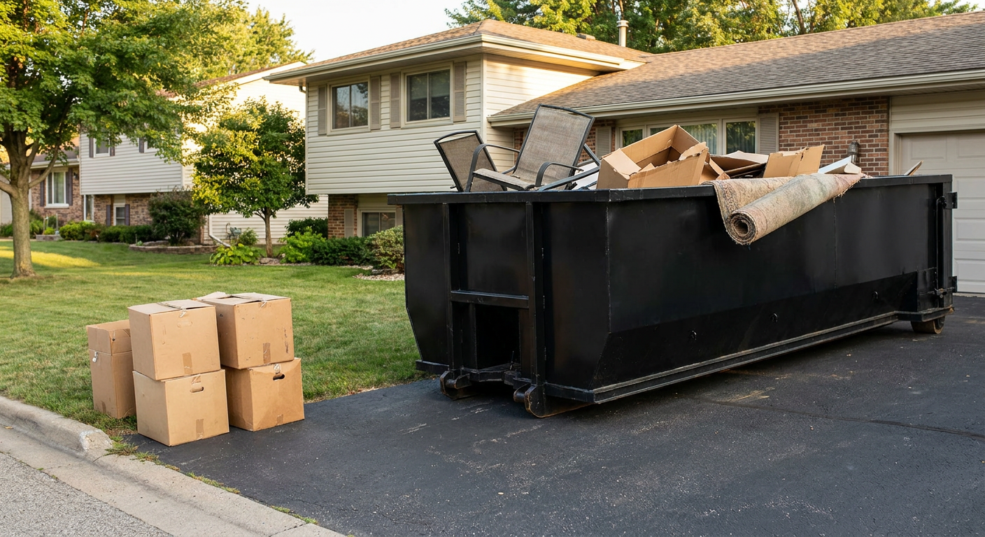 Front-yard view of a Joliet split-level home with a 20-yard matte-black roll-off dumpster sitting directly on the asphalt driveway, a few clearly labeled donation boxes staged at the curb, calm sunny afternoon.