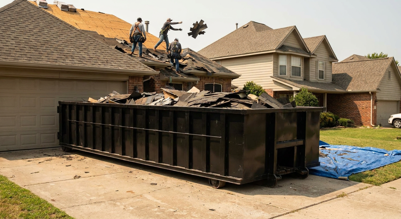 Matte-black roofing roll-off dumpster placed directly on a Joliet residential concrete driveway, a tear-off crew on a two-story asphalt-shingle roof tossing shingle bundles into the low-walled container, bright daylight, documentary 35mm perspective.