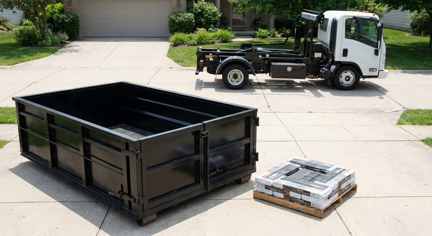 Matte-black 15-yard roofing roll-off dumpster with reinforced low side walls sitting directly on a Joliet residential concrete driveway, three-tab asphalt shingle bundles stacked nearby, an unmarked white hauler truck partially visible at the edge of the frame.