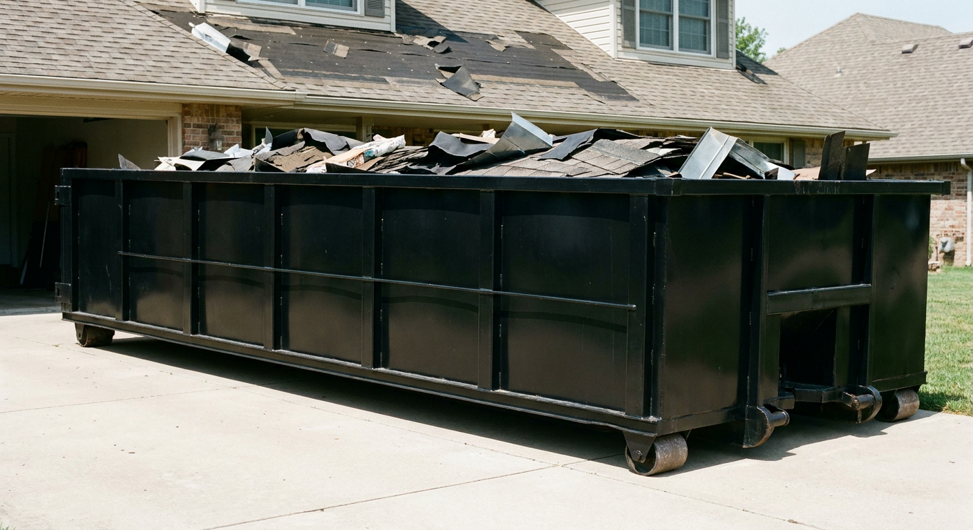 Matte-black 20-yard roofing roll-off dumpster with steel ribbed sides and swinging rear door, sitting directly on the concrete driveway of a two-story Joliet home, asphalt shingle debris being loaded over the low wall, clean documentary lighting.