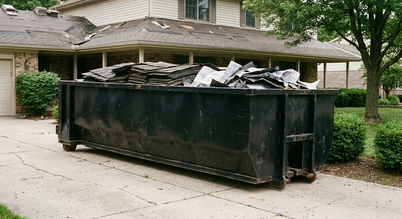 Matte-black 30-yard roofing roll-off dumpster sitting directly on a Joliet concrete driveway, taller ribbed steel side panels, mixed tear-off debris of asphalt shingles and underlayment inside, professional documentary daylight.