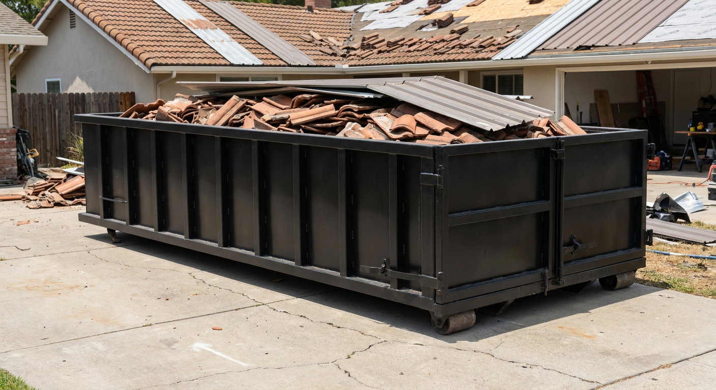 Matte-black low-wall heavy-debris roofing roll-off dumpster sitting directly on a Joliet concrete driveway, broken concrete clay roof tiles and metal panel sections loaded inside, reinforced ribbed steel side walls visible, bright outdoor daylight.