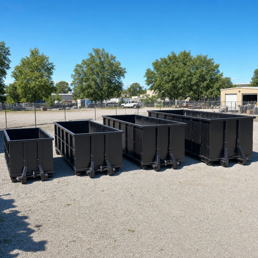 A clean lineup of matte-black roll-off dumpsters in 10, 20, 30, and 40-yard sizes staged on a sunlit gravel yard in Joliet, showing the size progression from compact to commercial-scale containers.