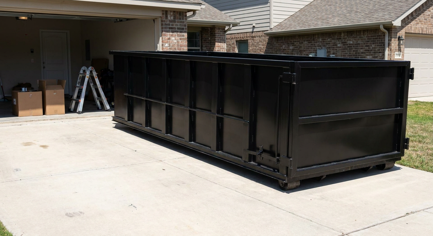 A matte-black 10-yard roll-off dumpster sitting directly on a residential Joliet concrete driveway, mid-day sunlight, clean and ready for a garage cleanout.