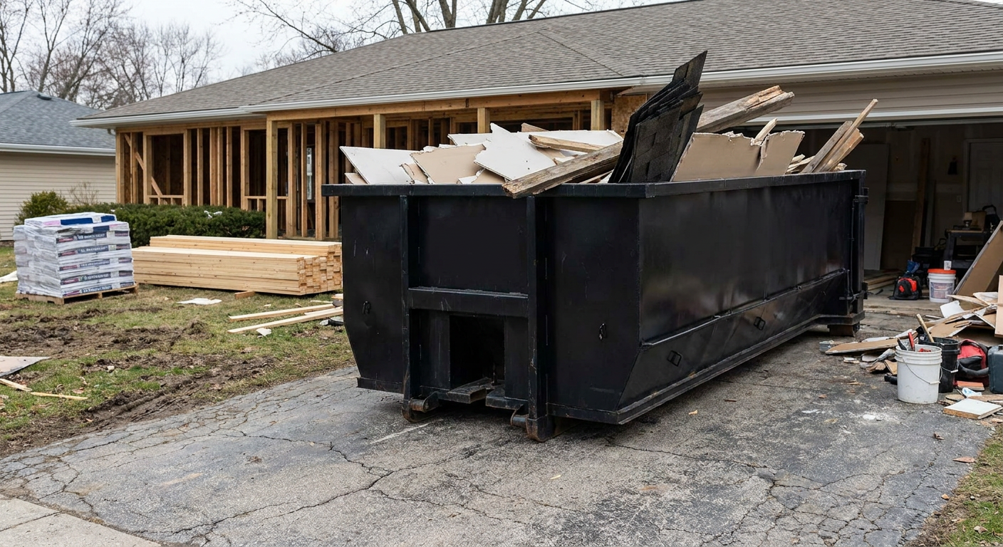 A matte-black 20-yard roll-off dumpster placed alongside a mid-renovation Joliet home directly on the asphalt driveway, with framing materials and torn-off shingles staged neatly nearby.