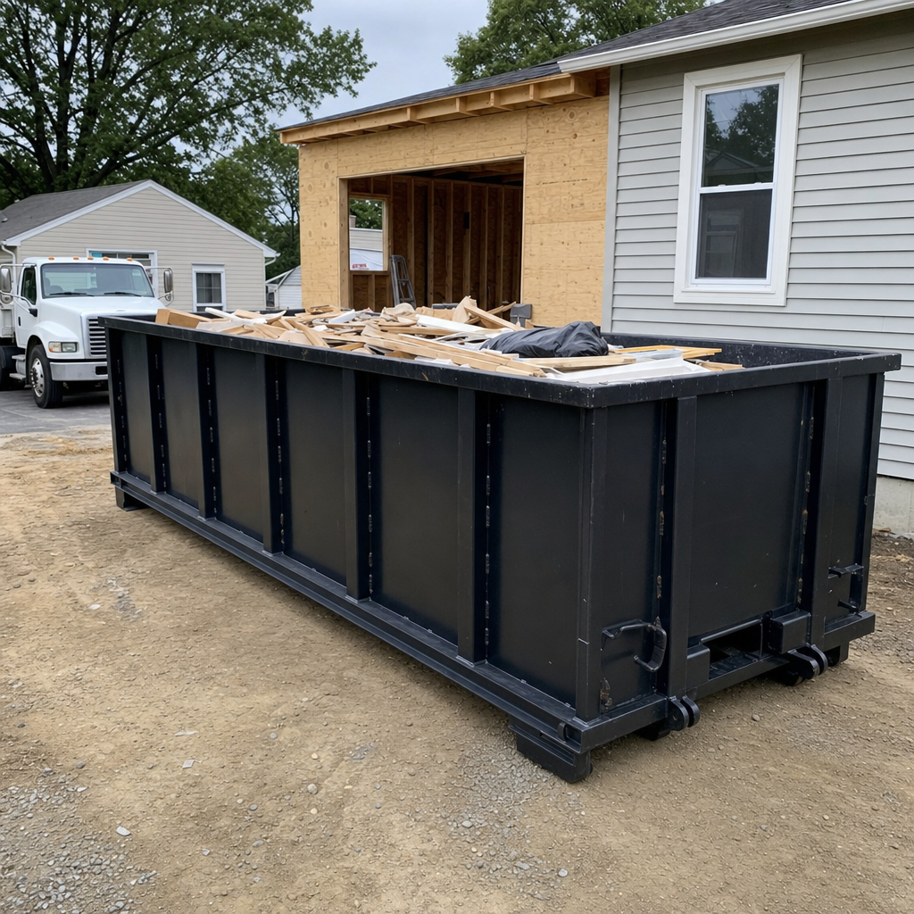 A matte-black 30-yard roll-off dumpster positioned at a Joliet residential addition jobsite, with framing lumber and drywall scraps loaded through the open swinging rear doors.