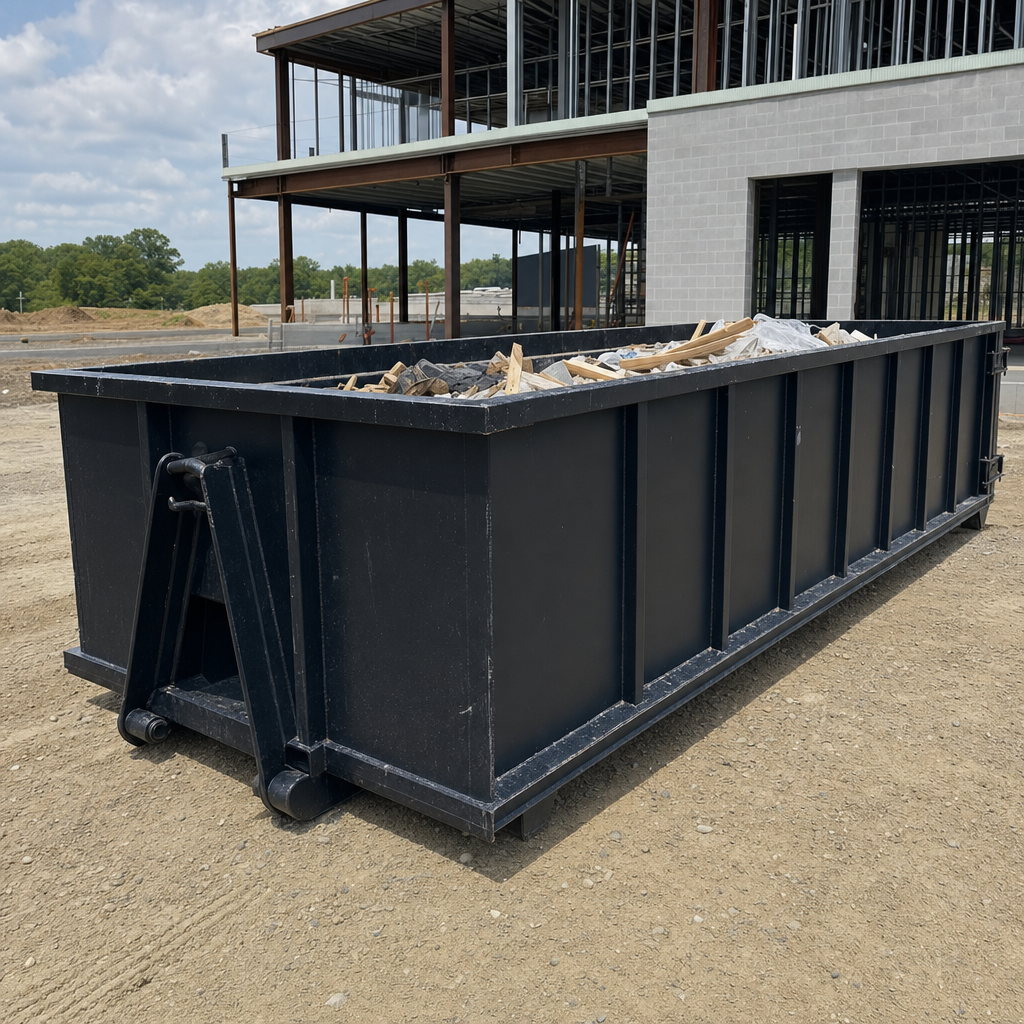 A matte-black 40-yard roll-off dumpster staged on a large Joliet commercial construction lot, with a hooklift delivery truck parked alongside under bright midday sky.