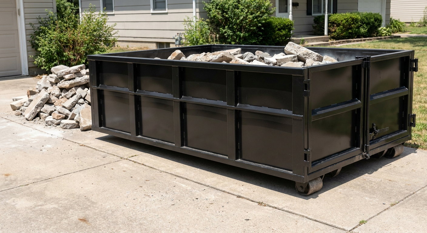 A matte-black low-side heavy-debris roll-off dumpster placed directly on a Joliet concrete driveway, with broken concrete chunks neatly stacked beside it under clean daylight.