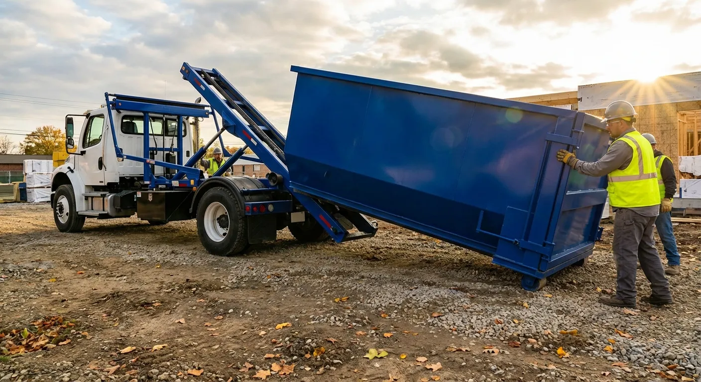 Construction dumpster delivery truck at job site in Joliet, IL