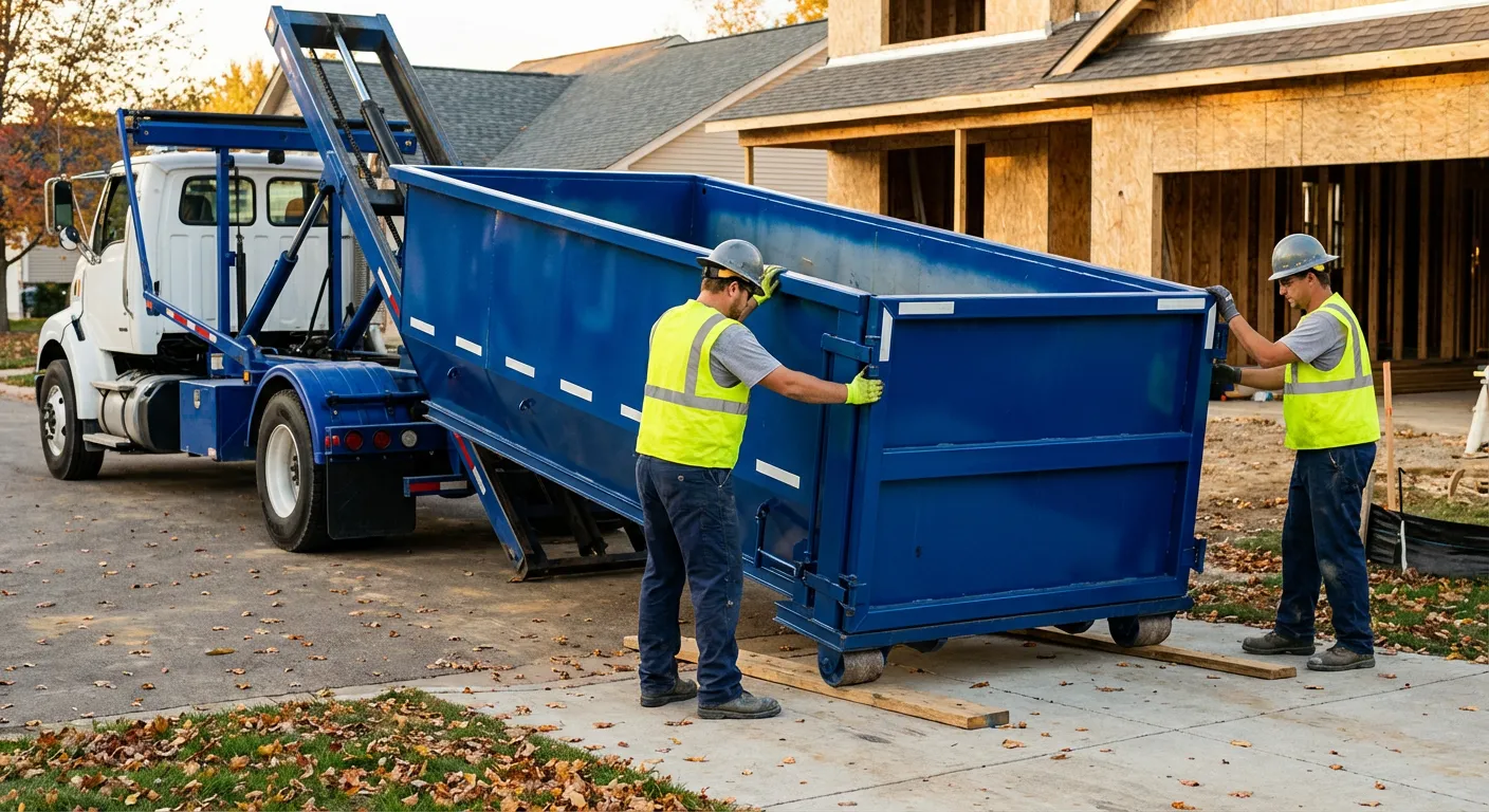 Roll-off dumpster delivery truck in residential area in Joliet, IL